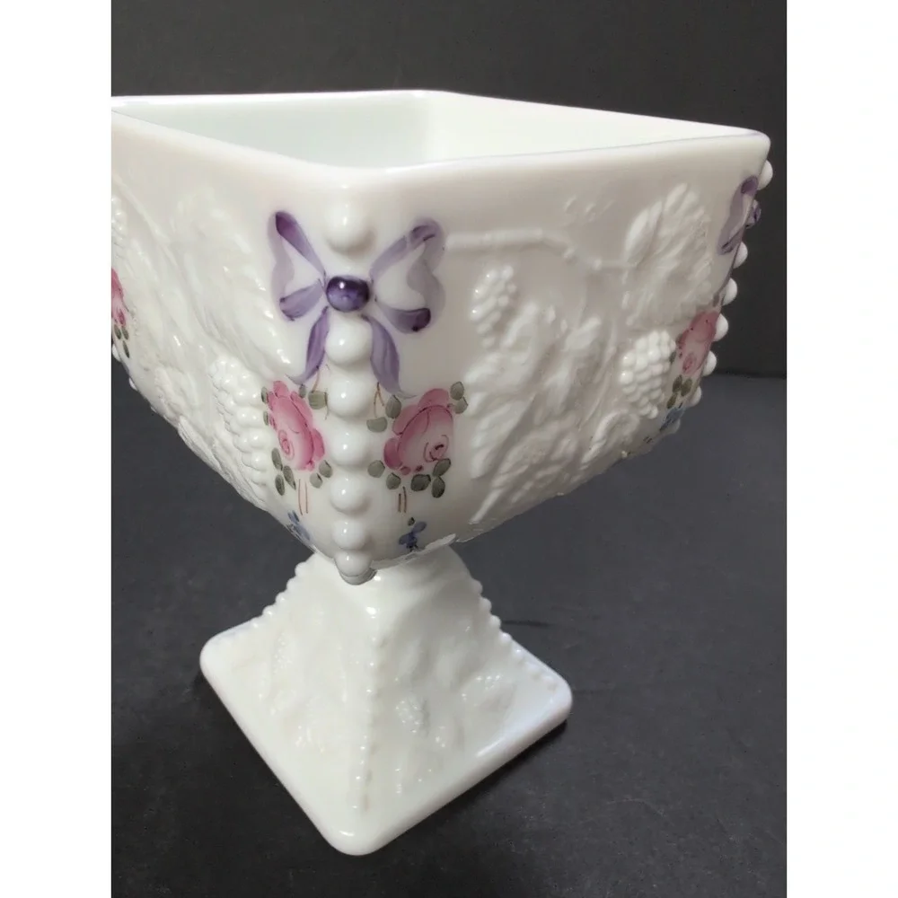 Vintage Westmoreland Milk Glass Brides Bowl Pink Roses - Purple RibbonBeautiful